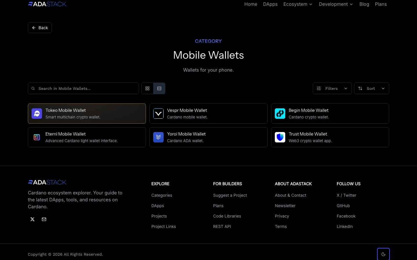 Featured placement in dark mode showing Tokeo with gold styling at top of Mobile Wallets category