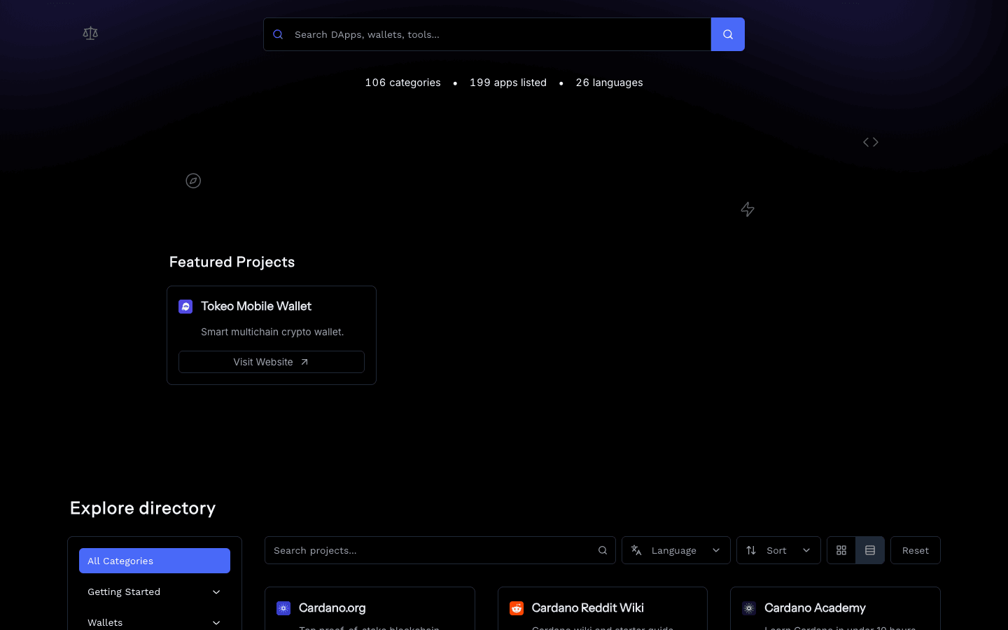 Homepage Featured Projects section in dark mode showing Tokeo with gold styling