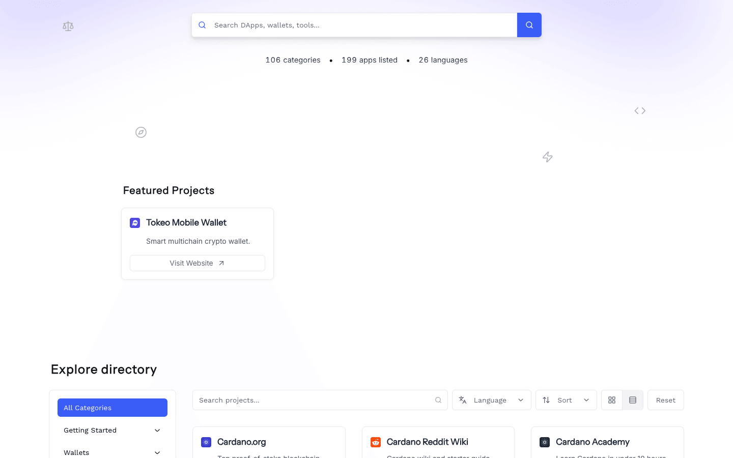 Homepage Featured Projects section showing Tokeo with gold styling