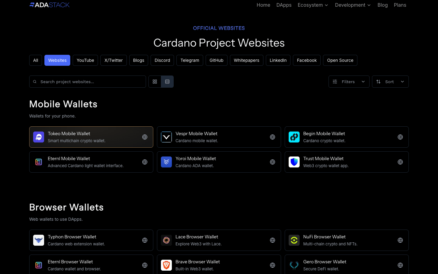 Featured placement in dark mode showing Tokeo with gold styling on the Project Links websites page