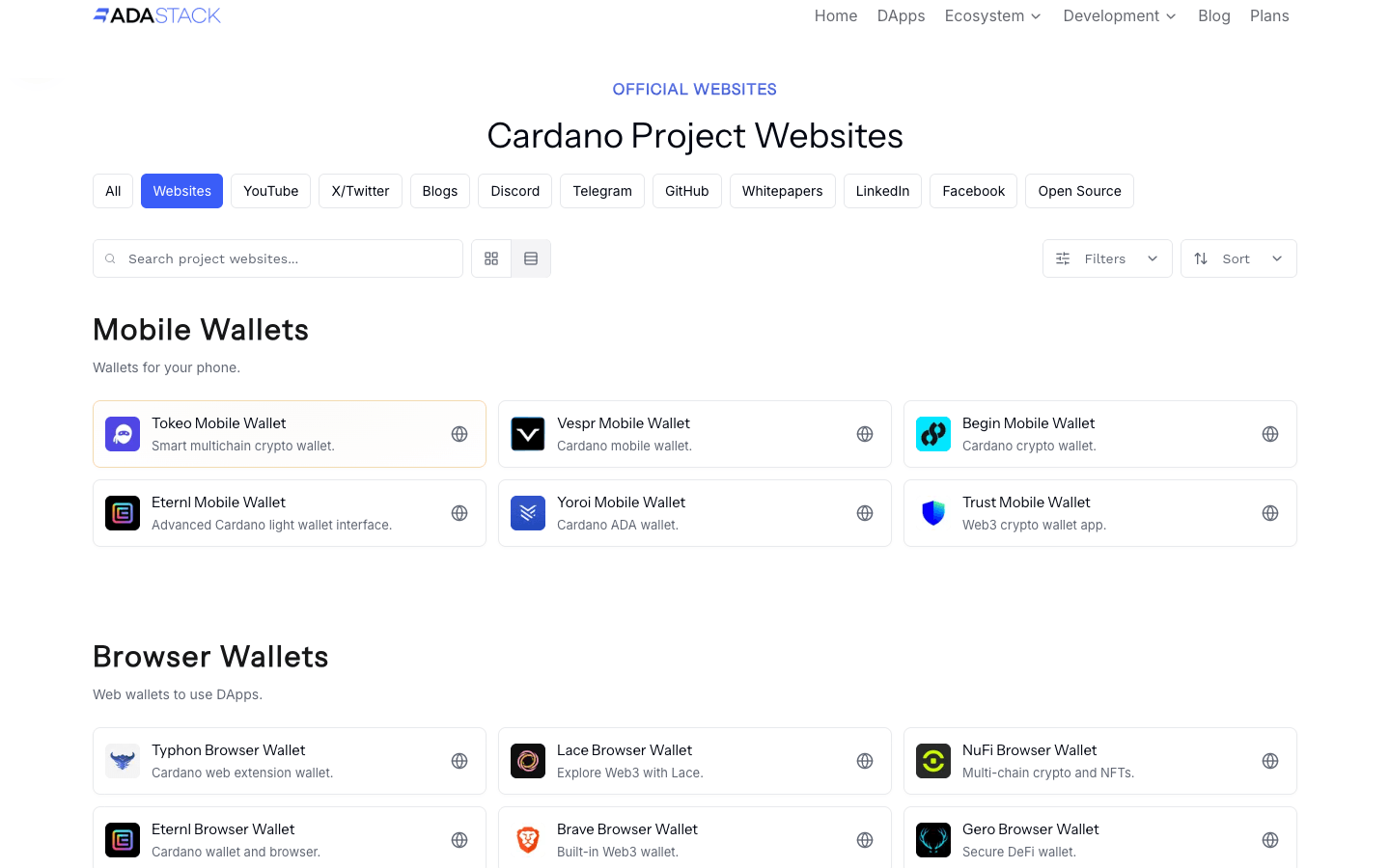 Featured placement showing Tokeo with gold styling on the Project Links websites page