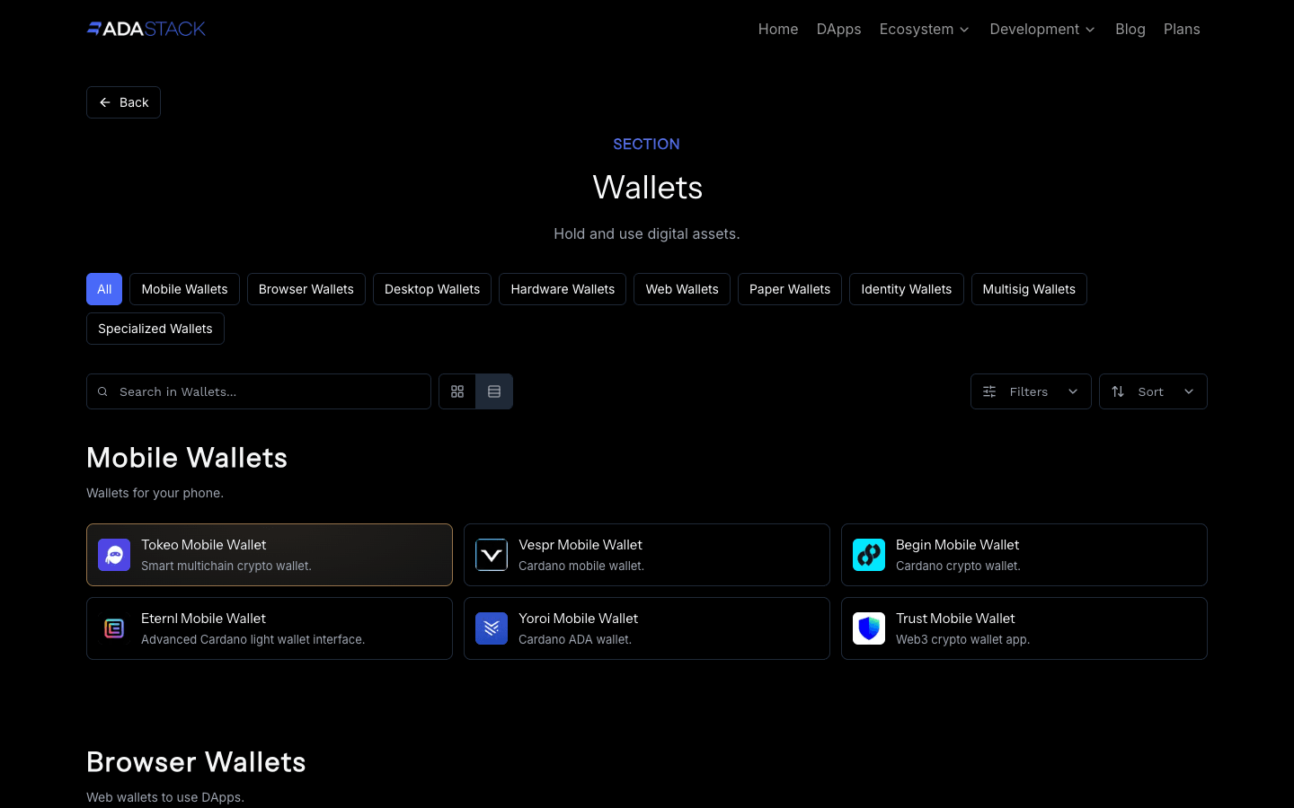 Featured placement in dark mode showing Tokeo first in the Wallets section page